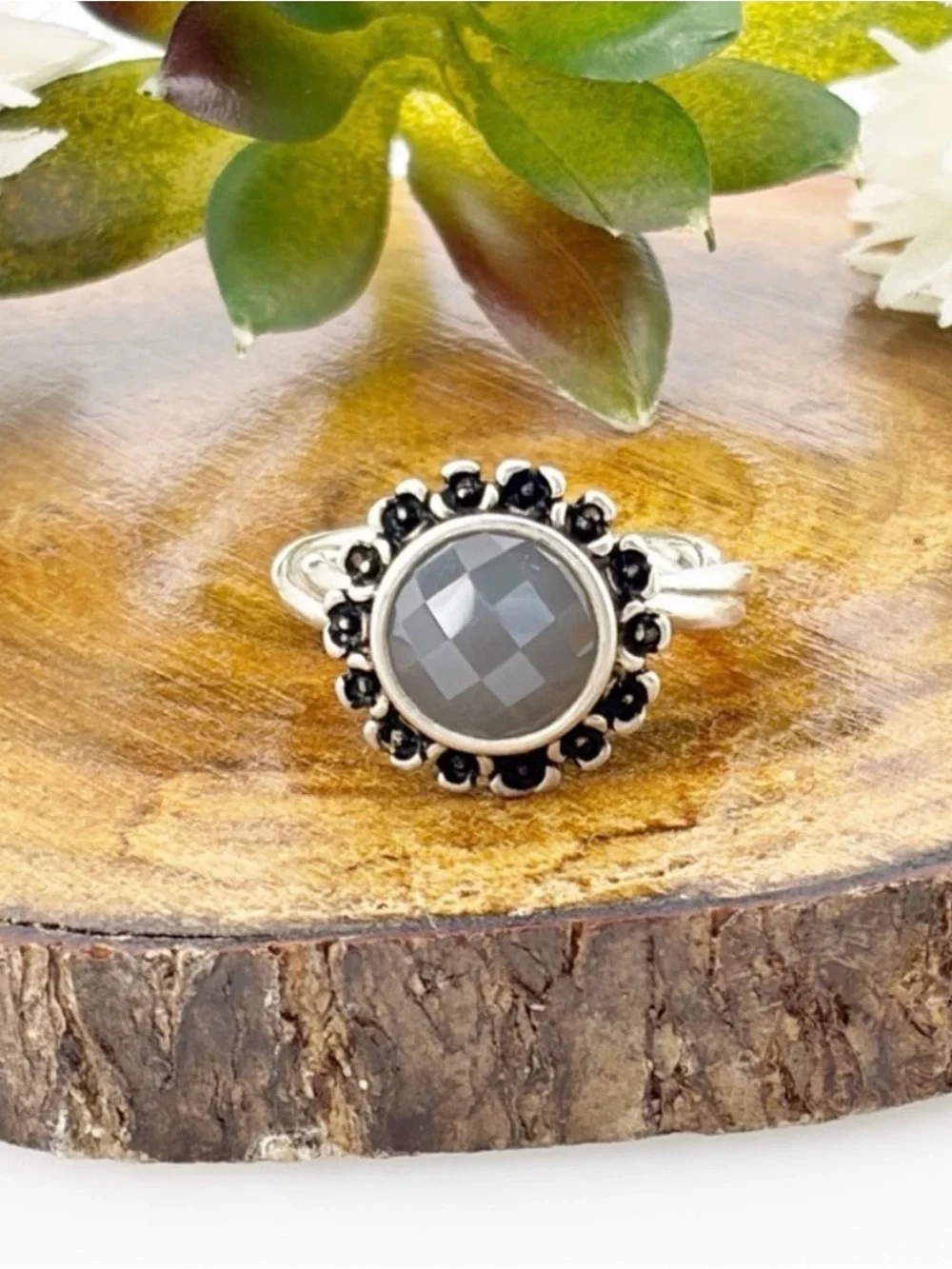 Pandora Sterling Silver 925 Grey Moonstone Flower Ring Size 7.25 7.5 or so